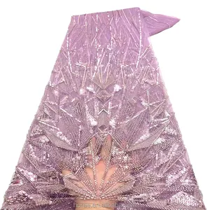 SF005 harga grosir kain renda payet bordir Prancis kain manik-manik berlian imitasi berkilau untuk gaun pernikahan pengantin