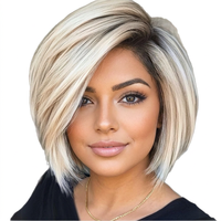 Perruque Bob Courte Blonde Dégradée de Haute Qualité avec Frange, Cheveux Raides, Fabriquée à la Machine, en Fibre Haute Température, pour un Look Changeant