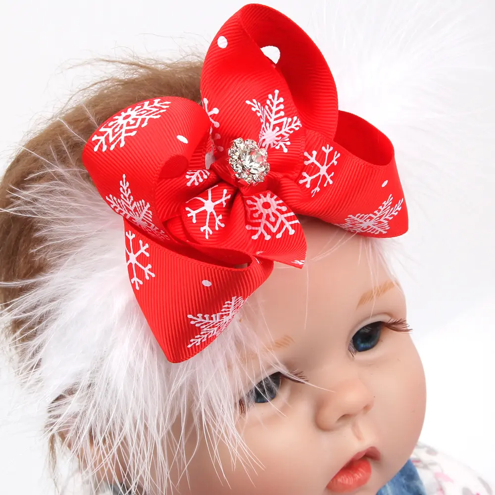 Diadema con diamantes de imitación para bebé y niña, cinta para el pelo con lazo de plumas para Año Nuevo, cinta de vendaje de copo de nieve