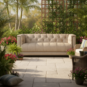 Canapé <span class=keywords><strong>Chesterfield</strong></span> en tissu de <span class=keywords><strong>lin</strong></span> <span class=keywords><strong>beige</strong></span> français de bonne qualité, canapé à deux places avec assise large - Product Image 3