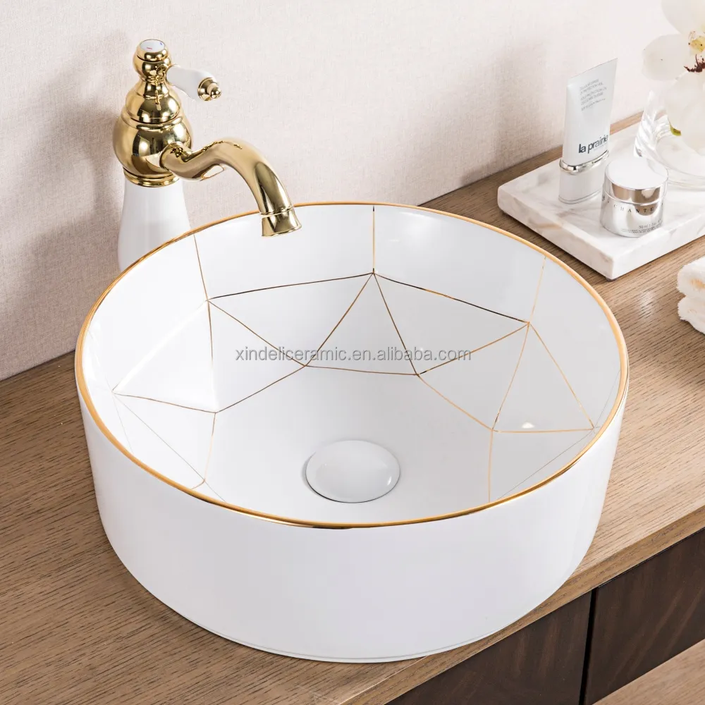 Éviers de salle de bain de luxe populaires, couleur blanche avec ligne dorée, lavabo rond en céramique pour hôtel
