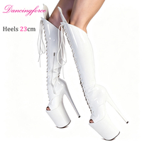 Chaussures de danse gothiques pour femmes, à plateforme, hauteur genou, talons fins de 9 pouces, pour l'hiver, la boîte de nuit, la danse de strip-tease, sexy, à bout ouvert, à carreaux, style western, fétichistes