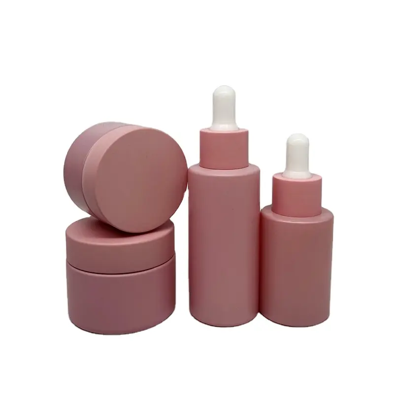 Colorful round shape 20ml hair oil matte pink glass dropper bottle 20 ml cosmetic dropper essential oil bottle and jar for cream