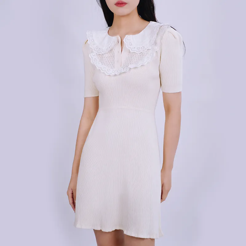 Moda europea de punto Rosa 100% bonito suéter de manga corta vestido blanco elegante verano para oficina