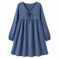 Robe plissée à col en V personnalisée en usine, nouvelle collection automne, manches longues lanternes, coupe ample amincissante, jupe courte pour femme