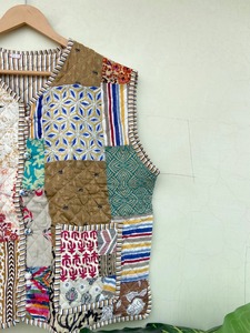 Chaleco de Algodón sin Mangas, Color Beige, Acolchado, Estilo Patchwork, Hecho a Mano, Reversible, Unisex, Chaqueta Ecológica para Invierno - Product Image 4