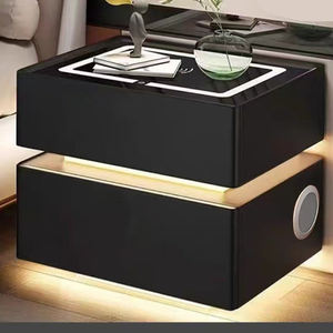 Mesita de noche larga de muebles de vidrio inteligente gris inteligente de madera de mimbre recargable con cargador inalámbrico - Product Image 3