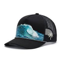 Gorra Trucker Personalizada con Estampado de Olas del Océano, Pin Metálico de Palmera, Decoración de Cuerda, Malla Trasera, Gorra de Béisbol de Verano para Surfistas