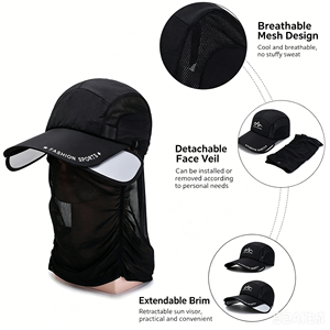 Casquette de baseball unisexe avec voile facial détachable anti-insectes, visière extensible et design en maille respirante pour les activités de plein air - Product Image 2