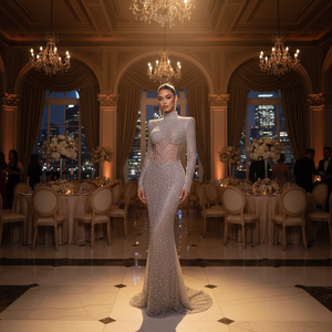 Nouvelle robe de soirée sirène sans bretelles, longueur ras du sol, en maille respirante, ornée de perles de cristal, couleur champagne, pour banquet, collection 2026 - Product Image 2