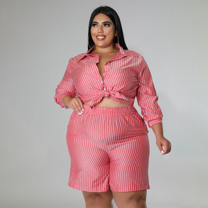 2022 Neuheiten Sommer Damen bekleidung Plus Size Shirt Gestreifter Druck Lose 2-teiliges Set Damen Shorts Set - Product Image 5