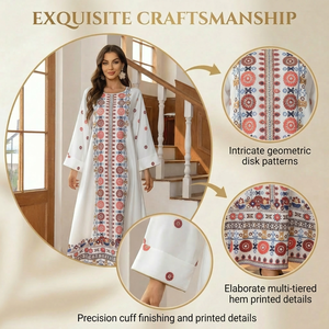 Vestido Musulmán con Estampado Étnico Blanco para Eventos en Interiores - Product Image 3