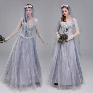 Robe de mariée fantôme pour femmes, Costume de Cosplay, robe en Tulle à manches longues avec voile et couronne de fleurs pour jeu de rôle en soirée d'halloween - Product Image 1