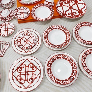 Chinese <b>Red</b> European High Quality Bone China Luxury Dinnerware <b>Set</b> with Cup Kit Plant Pattern Gift Box - Product Image 3