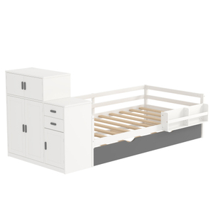 Twin Size Wood Platform <b>Bed</b> with Sample Bookshelf and Movable Wardrobe, Multifunctional <b>Bed</b> with Built-in Trundle <b>Bed</b> - Product Image 5