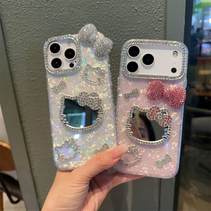 Cartoon Diamond KT Cat Bow Mobile Phone case for <b>iPhone</b> 17 Air 16 15 Pro Max 3D Mirror cute <b>Camera</b> Frame glass DIY back <b>Cover</b> - Product Image 1
