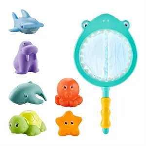 Mainan mandi laut untuk balita, memancing, Set mainan hewan mengambang dengan jaring ikan permainan di kolam renang