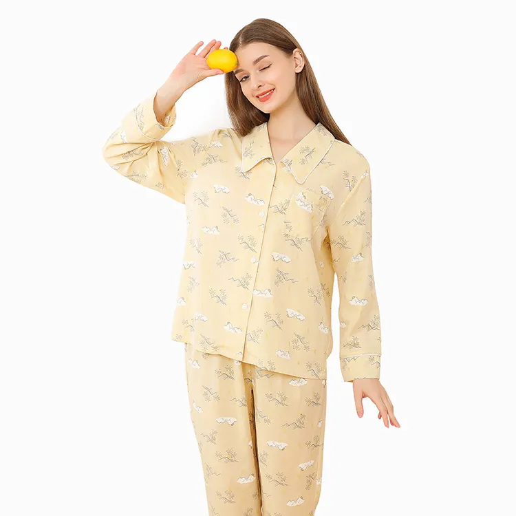 Spring Girls Women Sleepwear Cotton Floral Printed Rayon Leisure Wear Long Pajamas Set