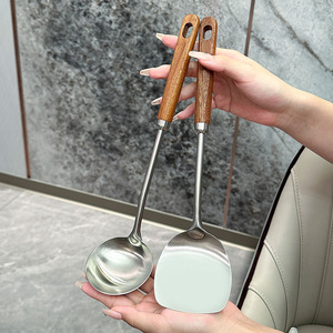 Juego de espátulas de acero inoxidable 304 con mango de ébano, utensilio de cocina resistente al calor para freír, cucharón para sopa y colador - Product Image 1