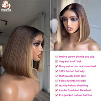 Peluca Bob Recta con Cierre de Encaje HD 5x5 sin Pegamento, con Mechas Ombre Marrón y Rubias, Cabello Humano Virgen Vietnamita Natural
