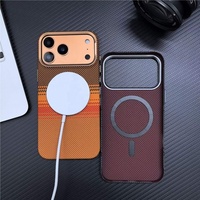Étui de téléphone portable en polycarbonate antichoc avec recharge magnétique sans fil, motif en fibre d'aramide recouverte de cuir pour iPhone
