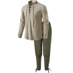 Conjunto de 2 Piezas de Disfraz de Caballero Medieval para Hombre Camisa de <span class=keywords><strong>Pirata</strong></span> Renacentista y Pantalones con Banda en el Tobillo para Halloween de Tela de Algodón y Lino - Product Image 5