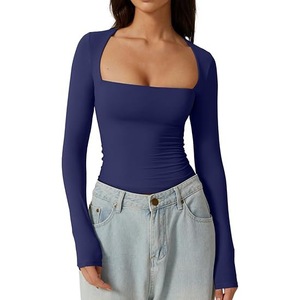 Top da donna a maniche lunghe con scollo quadrato, t-shirt a costine aderente, tinta unita, basic, snellente, casual, crop top Y2K - Product Image 2