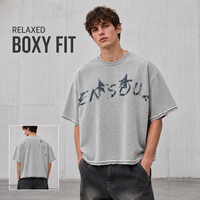 T-shirt Homme Court en Coton 100% Délavé Effet Vieilli Personnalisé, Double Couche, Ourlets et Poignets Frangés, Impression Numérique, Style Streetwear