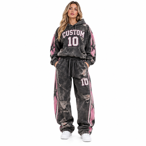 Ensemble jogging et sweat à capuche oversize personnalisé effet délavé pour femme, noir et rose, motif étoile, survêtement déchiré deux pièces, tenue streetwear - Product Image 1