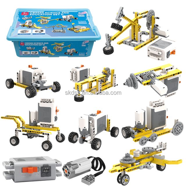 50 in 1 STEM Science Education ABS Plastic Building Blocks Mechanical Engineering Kit with Motor and Storage Box for Ages 5+