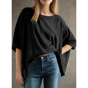 เสื้อครอปท็อปผู้หญิง Dokotoo ผ้าเจอร์ซีย์สีพื้น ทรงหลวมไหล่ตก สไตล์โอเวอร์ไซส์ เสื้อยืดพื้นฐาน - Product Image 2