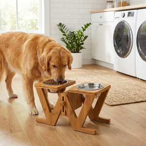 Support de gamelle réglable en bambou Grow-With-Pet, design en V, double gamelle surélevée en acier pour toutes les tailles de chiens - Product Image 2