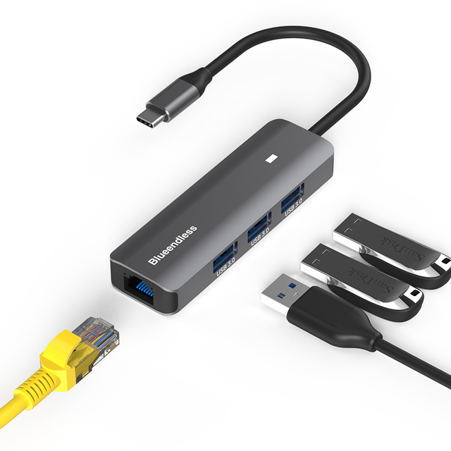 Wholesale Aluminum Docking Station Type C USB C Hub 4 In 1 Multiport Adapter to Ethernet USB 3.0 Hub with Lan