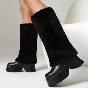 Women High Wedge Heels Plush Fur <b>Long</b> Booties on Fluffy Knee High Boots Winter Thick Furry Snow Shoes - Product Image 5