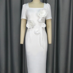Modern Square Collar Short Sleeve Sweetheart Neckline Empire Waist Sheath Silhouette Floral Big White Ankle-Length Bridesmaid - Product Image 5