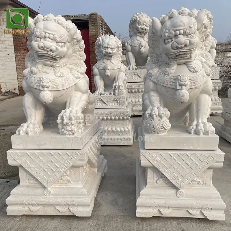Porte Personnalisée Décorative Marbre Blanc Chinois Feng Shui Foo Chien Statue Pierre Animal Lion Sculpture En Stock