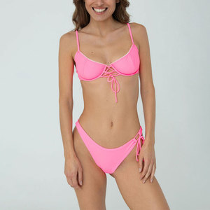 Traje de Baño Bikini de Dos Piezas con Estampado Sólido y Aberturas, Estilo Halter, Cintura Alta, Triangular, para Mujer - Product Image 5