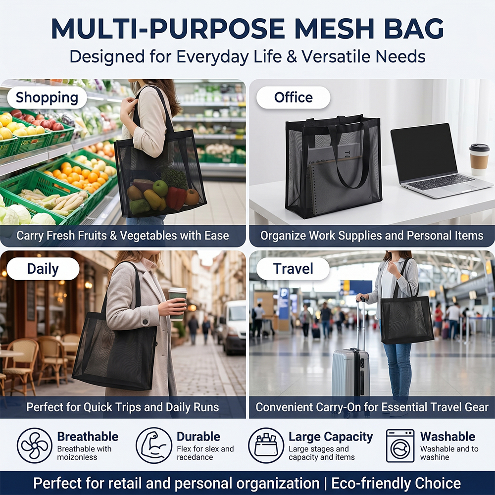 Custom Logo Black Fashion Washable Breathable Nylon Mesh Bag For Summer Beach Gym Travel Storage
