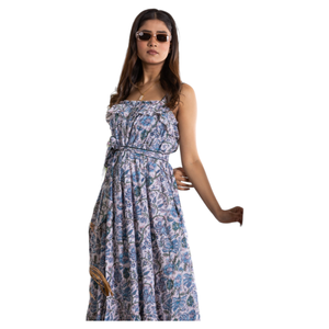 Ruffled Blouse Blue And White Printed Cami <b>Dress</b> With Separate Belt Stylish Casual Women Summer Outfit Fashion Wear - Product Image 1
