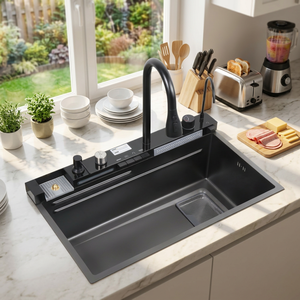 Robinet réglable, ensemble complet, vasque simple 750x450mm AW-7545LY |   Cuisine design haut de gamme 201 SS, encastrable, noir nano, fabrication artisanale - Product Image 1