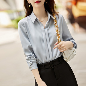 Women's Green Satin Shirt Long Sleeve Solid Color Office Wear Professional Blouse Spring Autumn 2024 - Product Image 3