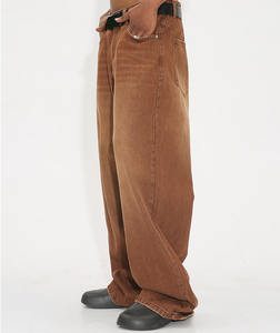 جينز قطني غير رسمي مخصص مغسول ساق واسعة مستقيمة مقاس كبير بنطلون بني مصنع بيع بالجملة دينم فضفاض بحافة سيلفيدج للرجال - Product Image 6