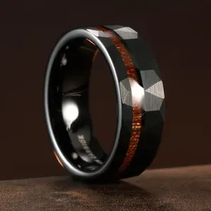 Trend Luxury Fashion Rings 8mm Wooden Inlay Hammered Black Tungsten Ring For Men Fashion Engagement Wedding Band