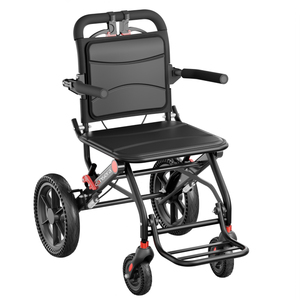 Fauteuil roulant léger en alliage d'aluminium noir avec pneus alvéolés de 12 pouces, double suspension <span class=keywords><strong>avant</strong></span> et coussin en cuir pour personnes âgées et handicapées - Product Image 1