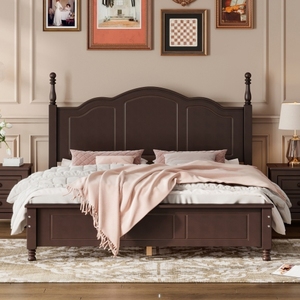 In Stock Modern Queen Solid Wood Platform <b>Bed</b> Frame Wooden Slat Support Dark Walnut Finish Double Bedroom Home Furniture - Product Image 1