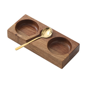Acacia Wood Seasoning <b>Tray</b> With Spoon Two Compartments Japanese Style Serving Dish For Hotel Coffee <b>Tea</b> - Product Image 5