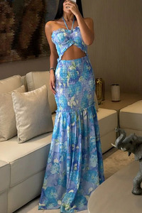 Re Mcgreen Star di vendita calda moda abito da donna con stampa collo abito lungo per la spiaggia - Product Image 5