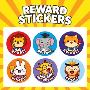 Autocollants de récompense en <span class=keywords><strong>vinyle</strong></span> personnalisés, écologiques et amusants pour enfants, étiquettes colorées d'animaux de dessin animé, autocollants motivants pour enfants - Product Image 1