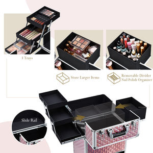 ड्रॉअर मेकअप बॉक्स के साथ रोलिंग मेकअप ट्रॉली मामले में अतिरिक्त बड़ी क्षमता कॉस्मेटिक ट्रेन केस नेल आयोजक यात्रा नाई - Product Image 3