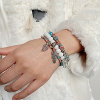 3-teiliges Lebensbaum-Charm-Armband-Set, Achat-Lava-Heilstein-Armband für Damen und Herren, Lotusblatt-Feder-Anhänger-Armreif-Schmuck